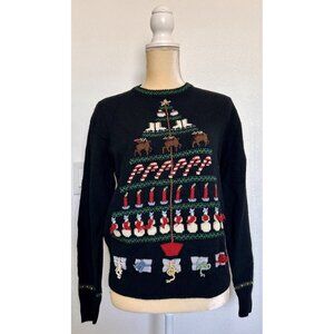 Vintage Susan Bristol Festive Black Christmas Tree Embroidered Sweater Size 34